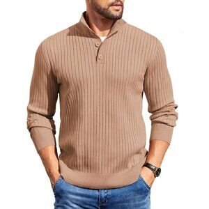 Men's Quarter Button Sweater Long Sleeve Stand Collar Sweaters Knitted Apricot